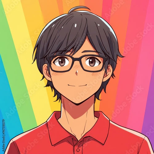 A chubby boy with dark hair and a mole on his cheek sports glasses and a red polo, set against a colorful anime backdrop. photo