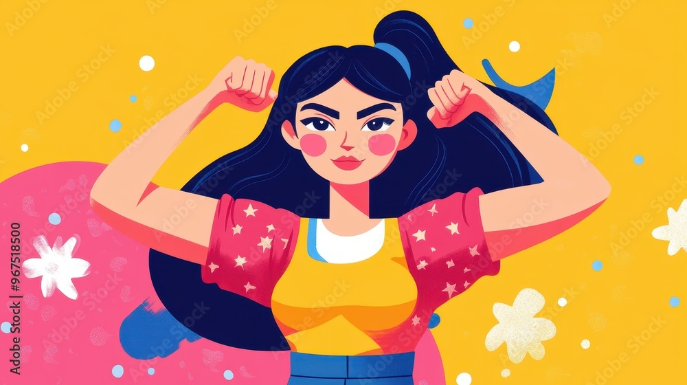 A strong woman flexes her biceps, embodying empowerment and girl power in this vibrant, inspiring illustration. A strong woman flexes her biceps, embodying empowerment and girl power in this vibrant, inspiring illustration.