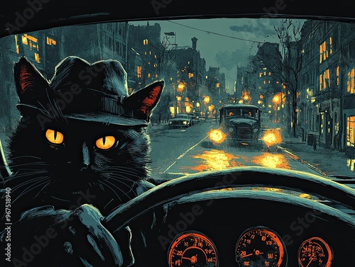 black cat with ellow eyes and wearing hat is driving am old car, illustration in hard boiled pulp novel style, city of lights at night street