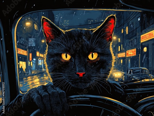 black cat with ellow eyes and wearing hat is driving am old car, illustration in hard boiled pulp novel style, city of lights at night street