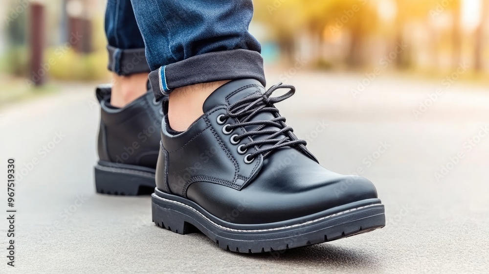 A young man walks confidently in black leather boots on a concrete surface, with an outdoor street emerging softly in the background, showcasing a casual urban moment A young man walks confidently in black leather boots on a concrete surface, with an outdoor street emerging softly in the background, showcasing a casual urban moment