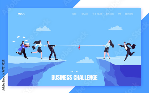 Business people play tug of war by pulling the rope. Business concept of competition in office space with two leaders, flat style design vector illustration. Confrontation and conflict metaphor