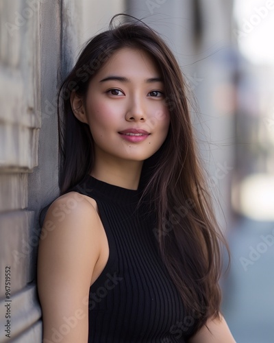 beautiful Asian woman with long hair, wearing a black sleeveless top and baby pink lipstick