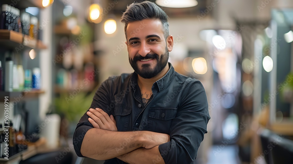 Portrait of a Hairstylist in a Blurred Salon Chair Background, Portrait Shot, Hairstylist, Salon Chair Background Portrait of a Hairstylist in a Blurred Salon Chair Background, Portrait Shot, Hairstylist, Salon Chair Background