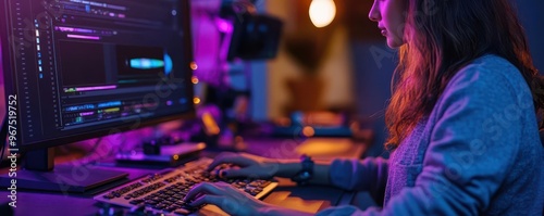 A focused individual programming at a computer with vibrant lighting, surrounded by technology and creativity in action.