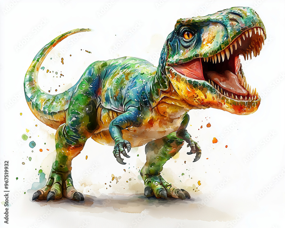 Obraz premium Charming Watercolor T-Rex with Vibrant Colors and Playful Expression