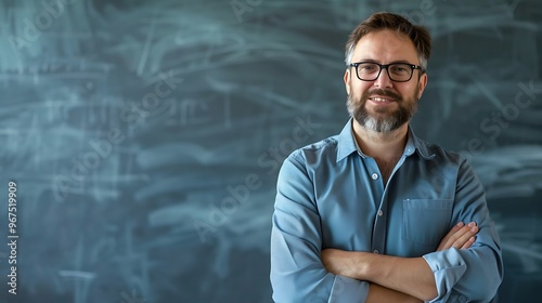 Portrait of a Confident Teacher in a Classroom Background, Portrait Shot, Confident Teacher, Classroom