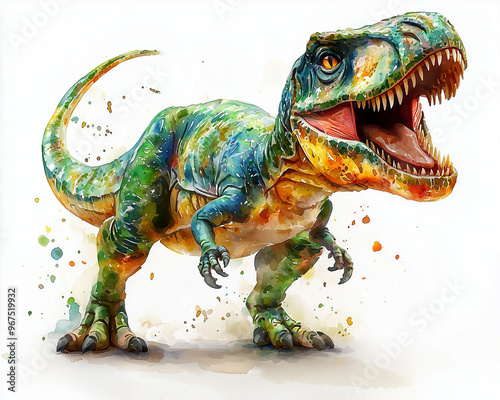 Charming Watercolor T-Rex with Vibrant Colors and Playful Expression