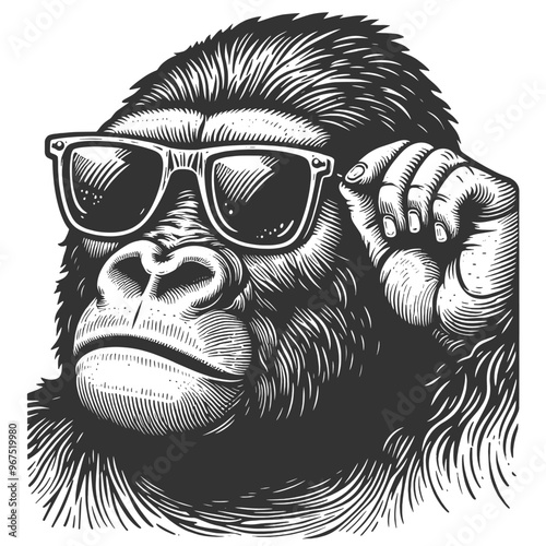 gorilla in sunglasses, playful and stylish theme with detailed line work for a cool and trendy look sketch engraving generative ai vector illustration. Scratch board imitation. Black and white image. photo