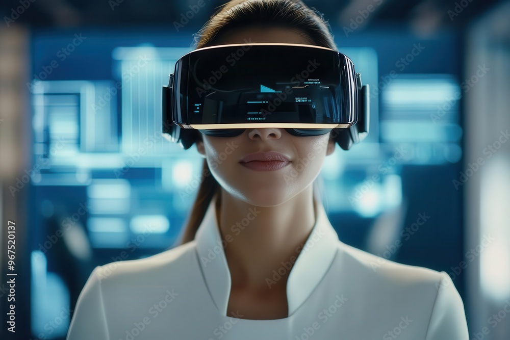 A woman wearing a futuristic virtual reality headset in a tech-savvy environment, showcasing innovation and immersion in technology. A woman wearing a futuristic virtual reality headset in a tech-savvy environment, showcasing innovation and immersion in technology.