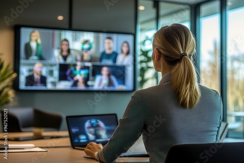 Wallpaper Mural A woman participating in a virtual meeting, using a laptop in a modern office setting, engaged with remote colleagues on a screen. Torontodigital.ca