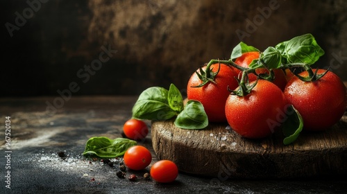 Ripe Tomatoes and Basil on Wooden Cutting Board