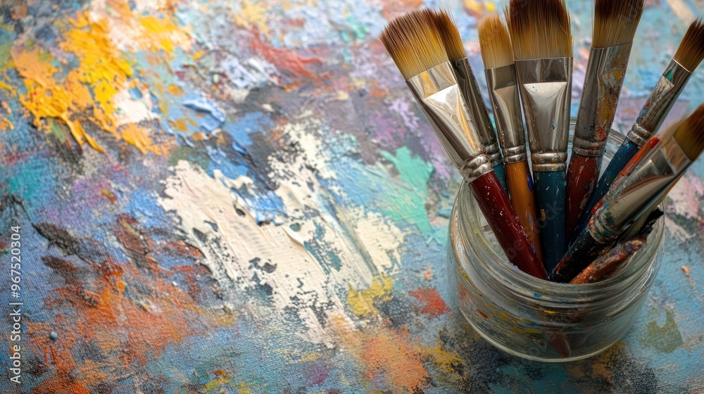 Fototapeta premium Paintbrushes in a Jar on a Colorful Canvas