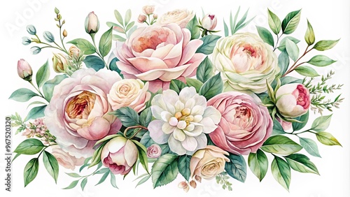 Soft peonies and roses with delicate greenery in a classic watercolor style, ideal for a wedding invitation