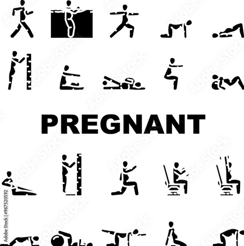 pregnant fitness prenatal yoga icons set vector. exercise strength, flexibility wellness, health balance stamina nutrition, breathing pregnant fitness prenatal yoga glyph pictogram Illustrations