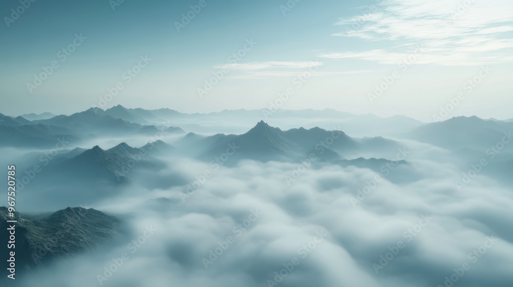A breathtaking aerial view of a dense sea of morning mist flowing through a mountain A breathtaking aerial view of a dense sea of morning mist flowing through a mountain