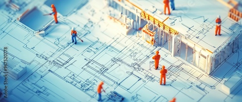 Miniature Building Model on Blueprint: Construction Concept