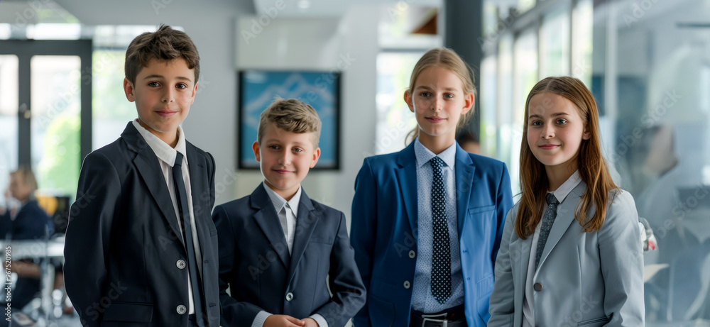 A group of children dressed in business attire standing confidently in an office setting. Their serious expressions and professional appearance emphasize ambition and leadership. A group of children dressed in business attire standing confidently in an office setting. Their serious expressions and professional appearance emphasize ambition and leadership.