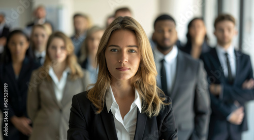 A young businesswoman and her team of emerging leaders, confidently posing in a futuristic office environment, symbolizing the evolution of leadership in the family business.