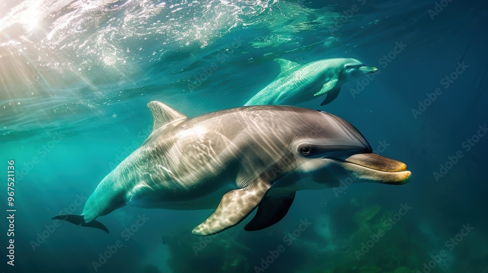 Obraz premium Dolphins swimming gracefully underwater, their sleek bodies gliding through the clear blue ocean. The sunlight filtering through the water enhances the beauty of this aquatic scene.