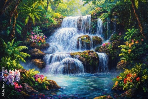 Tropical waterfall surrounded by lush vegetation and colorful flowers in a vibrant jungle, Ai Generation