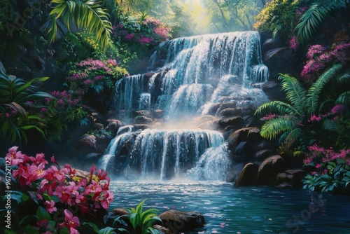 Tropical waterfall surrounded by lush vegetation and colorful flowers in a vibrant jungle, Ai Generation
