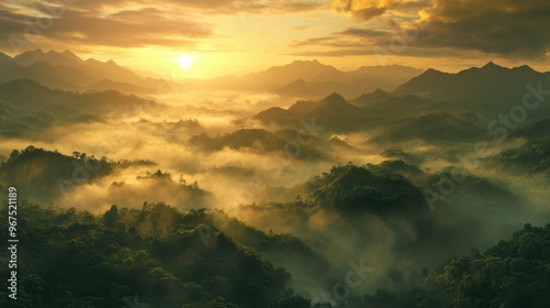 A breathtaking morning view of a sea of mist rolling over lush green mountains, with the