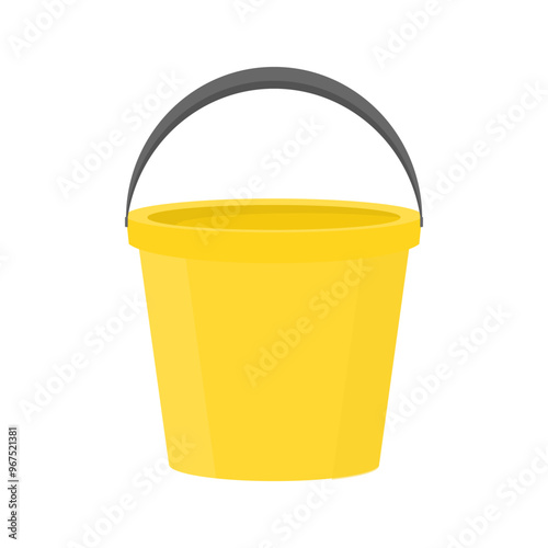 Yellow plastic bucket in cartoon style on a white isolated background. Empty bucket