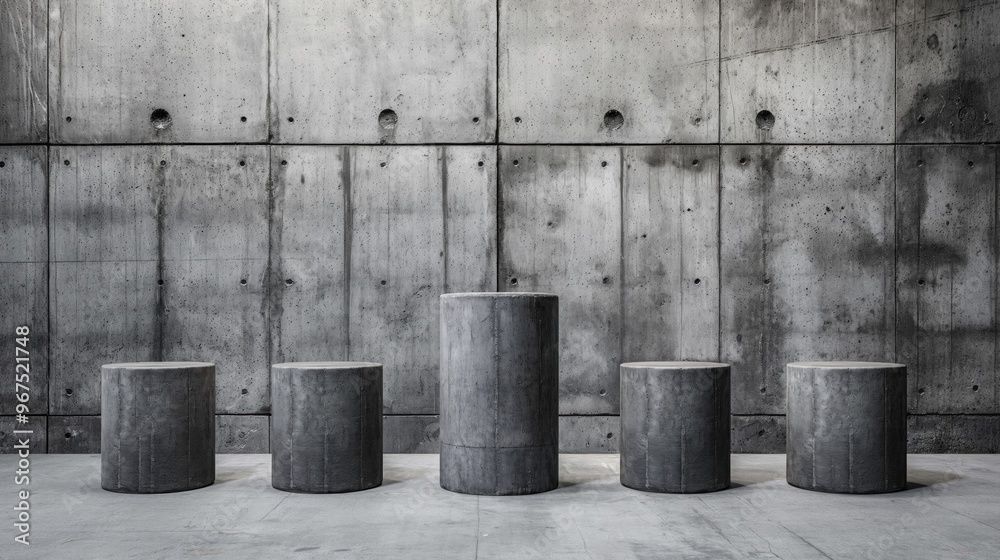 A series of five concrete stools arranged in a line against an industrial-style concrete wall, showcasing modern design principles in a spacious interior