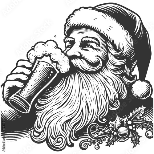 Santa Claus drinking beer frothy beverage. Festive and cheerful. sketch engraving generative ai fictional character vector illustration. Scratch board imitation. Black and white image.