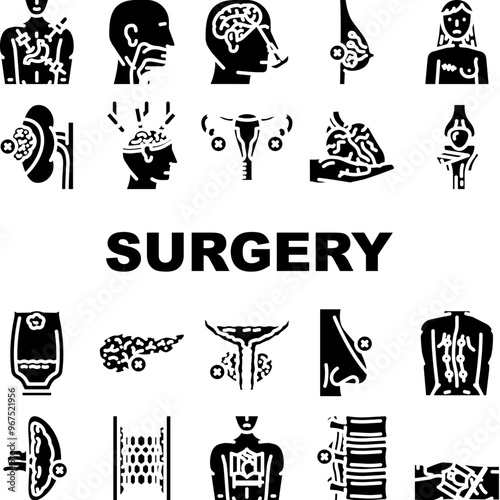 surgery health recovery icons set vector. anesthesia incision, scalpel sutures, sterile procedure, hospital clinic, surgeon surgery health recovery glyph pictogram Illustrations