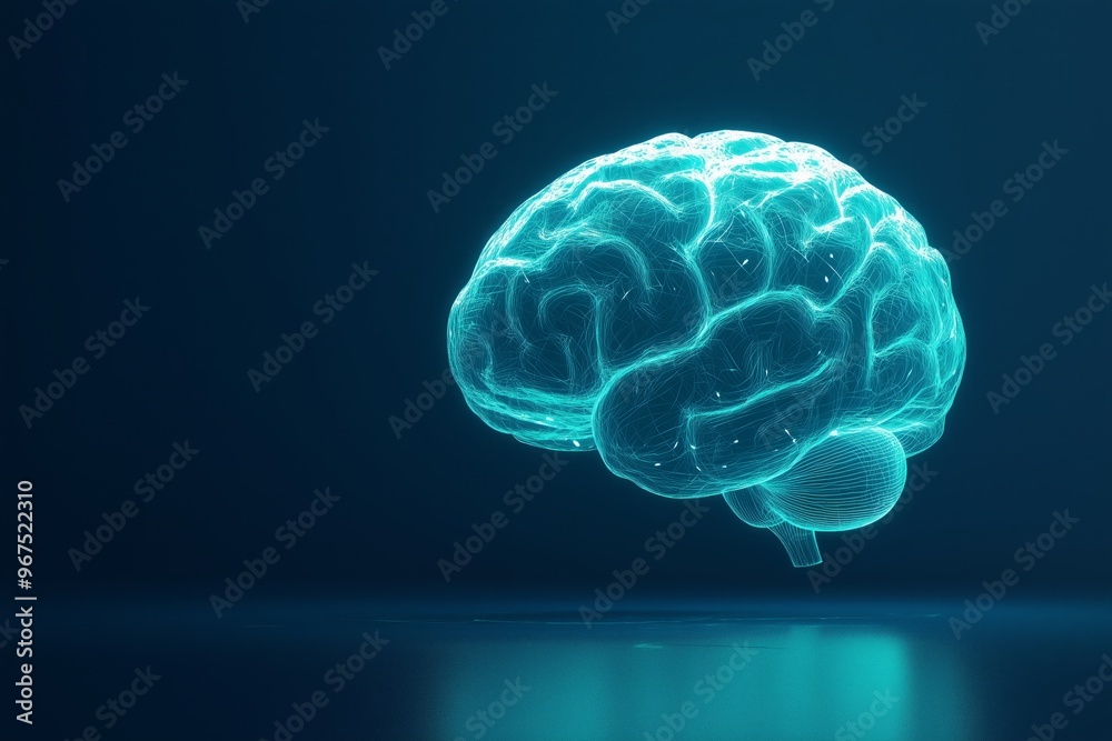 3D rendering of a glowing brain on a dark blue background. 3D rendering of a glowing brain on a dark blue background.