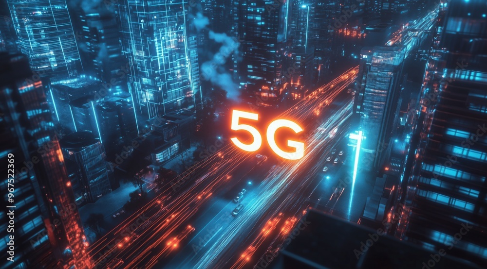 5G digital technology, modern cityscape with glowing 5G digital technology, modern cityscape with glowing