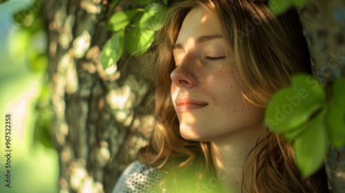 A serene moment: a woman relaxes under a tree with sunlight filtering through green leaves.