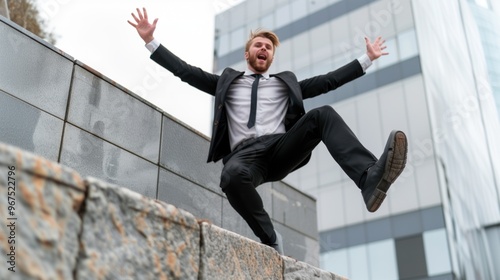 A man dressed in a formal suit stumbles backwards while attempting to walk on a stone ledge near contemporary office buildings, showcasing a moment of surprise and loss of balance photo