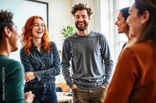 Diverse group of young professionals share joyful moment in bright office