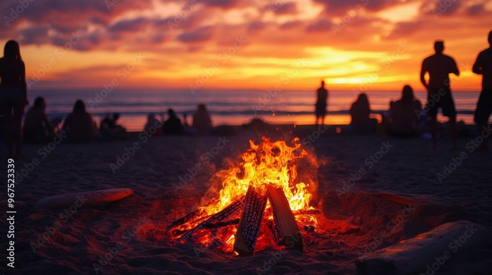 Bonfire on the Beach at Sunset with Silhouettes of People