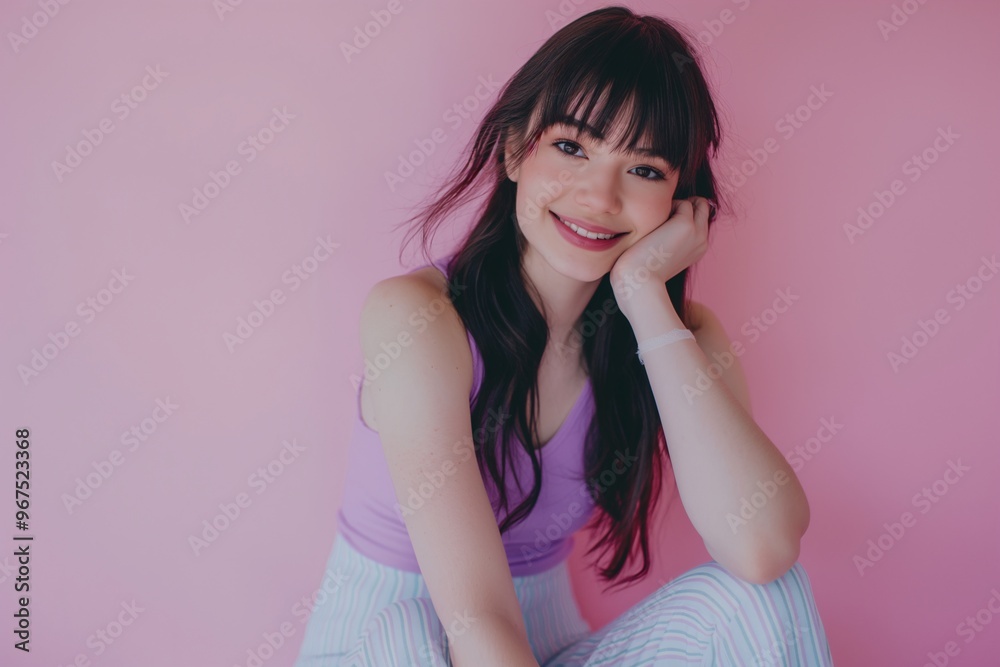 Portrait photography of a young woman sitting in front of a pink wall, wearing a purple sleeveless top and light blue striped pants Portrait photography of a young woman sitting in front of a pink wall, wearing a purple sleeveless top and light blue striped pants
