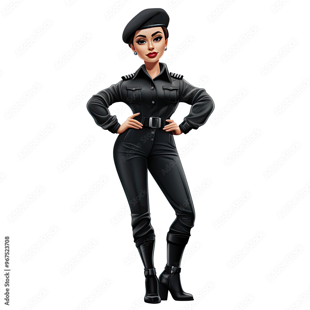 An illustration of a beautiful female soldier wearing a black beret standing An illustration of a beautiful female soldier wearing a black beret standing