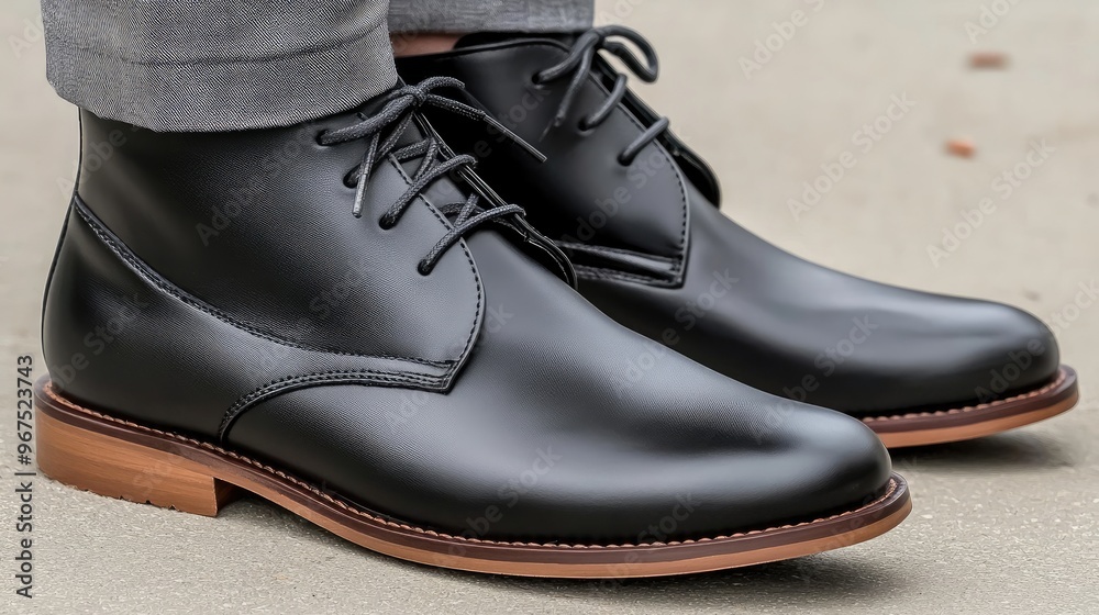 A young man walks confidently in black leather boots on a concrete surface, with an outdoor street emerging softly in the background, showcasing a casual urban moment A young man walks confidently in black leather boots on a concrete surface, with an outdoor street emerging softly in the background, showcasing a casual urban moment