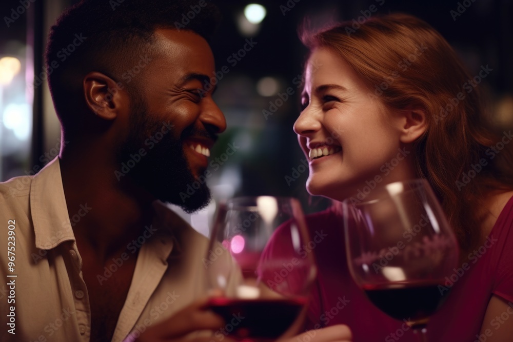 Couple laughing and enjoying a romantic dinner with glasses of red wine. Couple laughing and enjoying a romantic dinner with glasses of red wine.