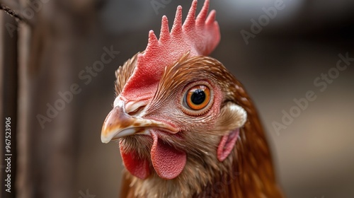 A brown chicken showcases its vibrant feathers and unique crest as it stands in a farm environment, illuminated by the warm glow of the setting sun