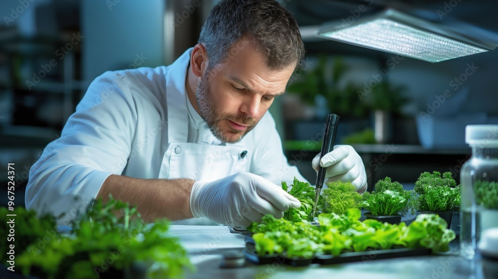 A chef examines and arranges fresh herbs and greens on a countertop in a contemporary kitchen, showcasing attention to detail and culinary expertise