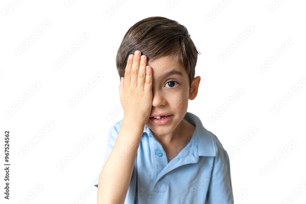 Portrait of little boy reviewing eyesight. Vision testing concept. Lazy eye, amblyopia, strabismus Portrait of little boy reviewing eyesight. Vision testing concept. Lazy eye, amblyopia, strabismus