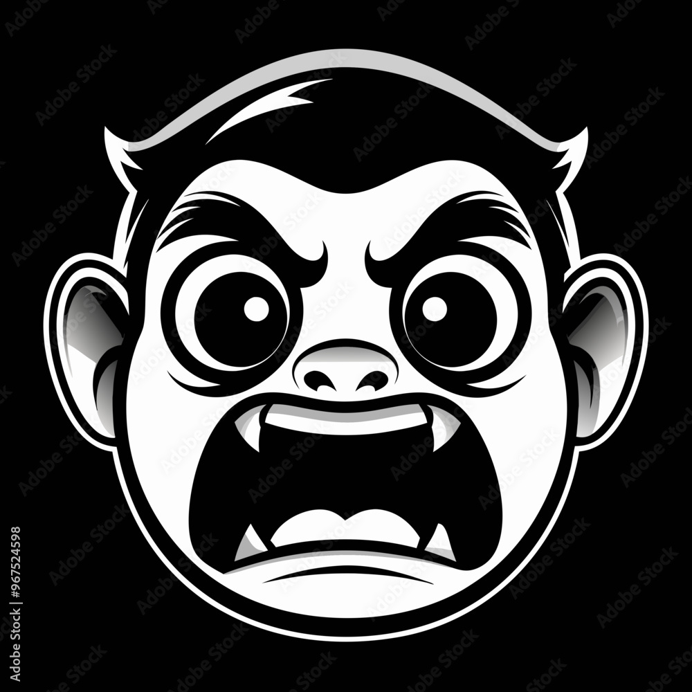 Angry Cartoon Vampire Face with Fangs Illustration on Black Background Angry Cartoon Vampire Face with Fangs Illustration on Black Background