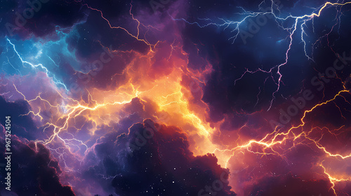 A close up of a lightning storm with multiple colors of lightning. Lightning Storm. Illustration