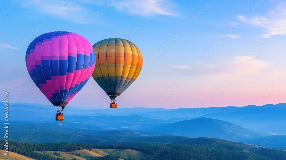 Two vibrant hot air balloons gently float above green hills as the sun rises, illuminating the landscape with warm hues of orange and pink in the sky Two vibrant hot air balloons gently float above green hills as the sun rises, illuminating the landscape with warm hues of orange and pink in the sky