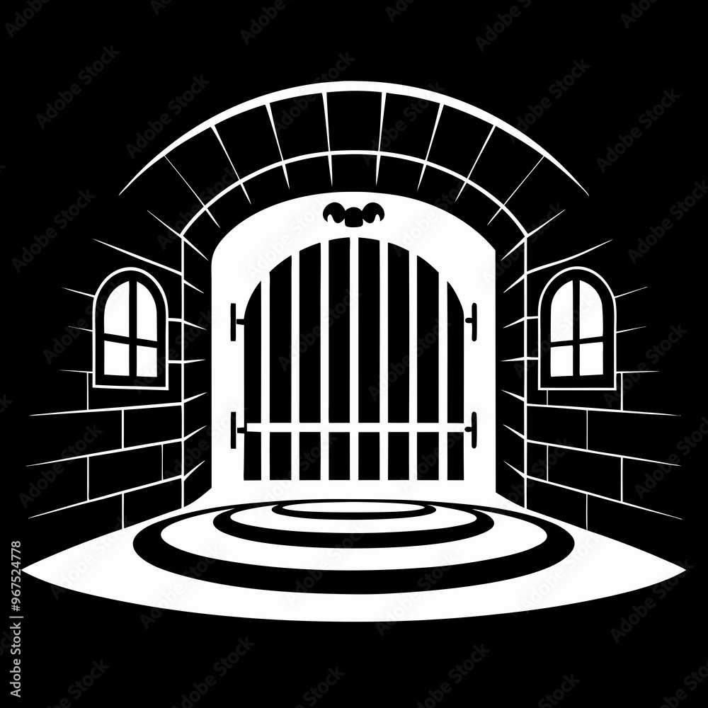 Spooky Dungeon Entrance with Gothic Arched Door, Black and White Halloween Art