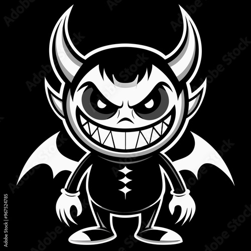 Cartoon Devil Character with Horns and Wings, Black and White, Halloween Illustration