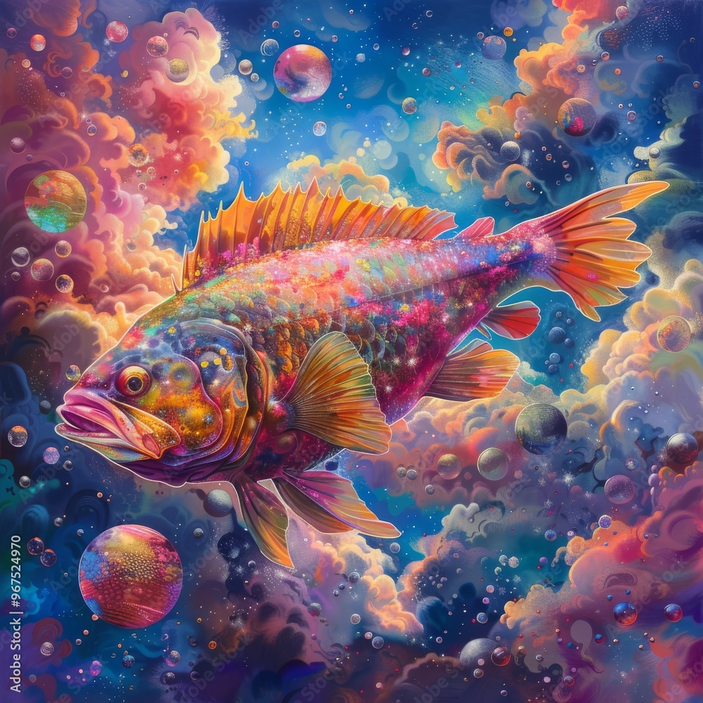 Surreal painting of a fish in the sky. Surreal painting of a fish in the sky.